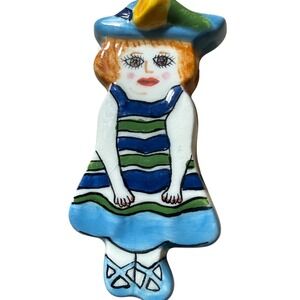 Vintage Signed Susan Paley Ganz Ceramic Hand Painted Lauisa Lady Pin Brooch Blu